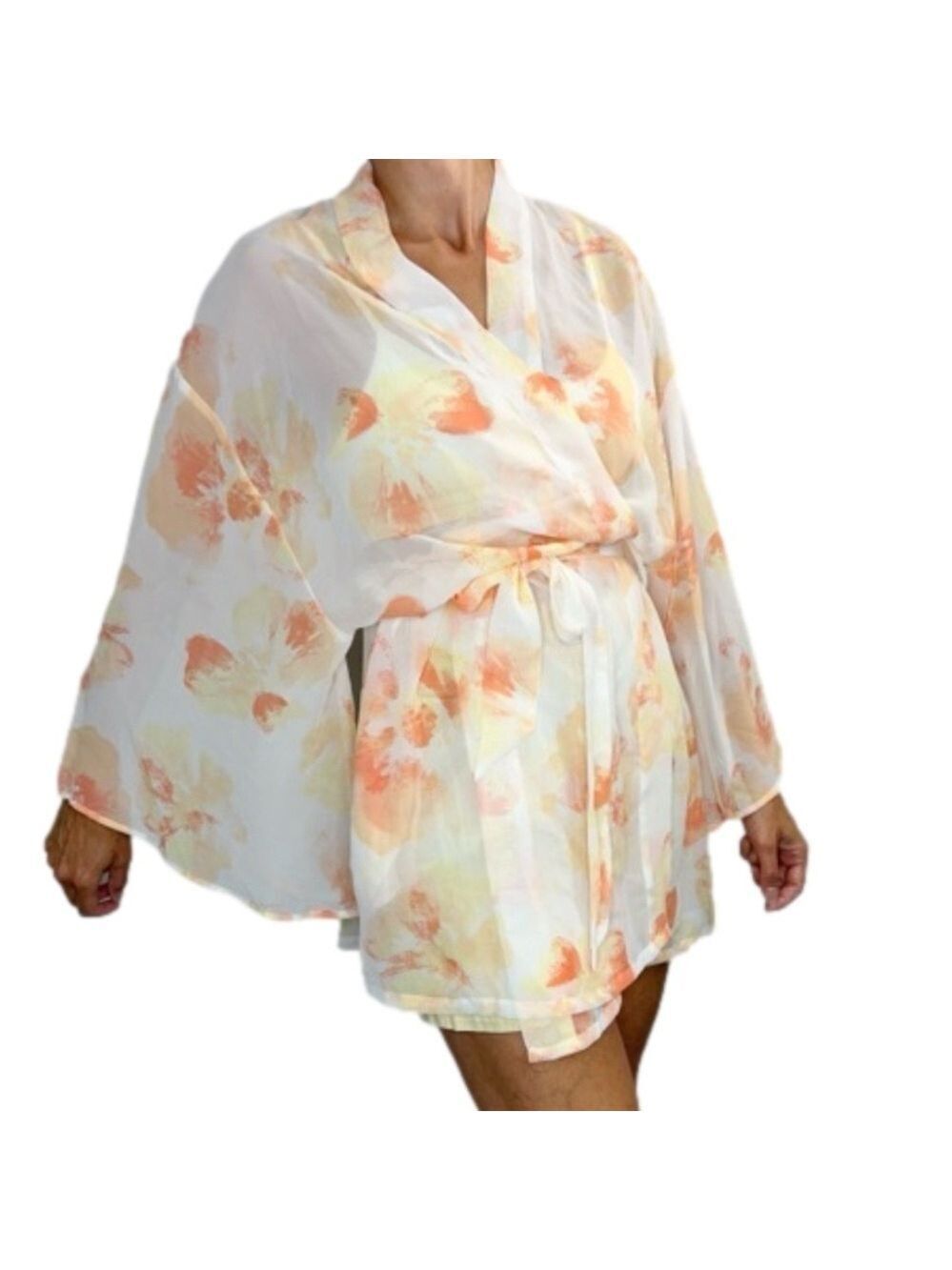 La Vie En Rose white peach yellow floral chiffon kimono jacket robe L XL